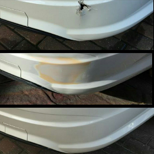 Car bumper crack and dent repair showing before during and after process with filled damage smoothed surface and restored finish