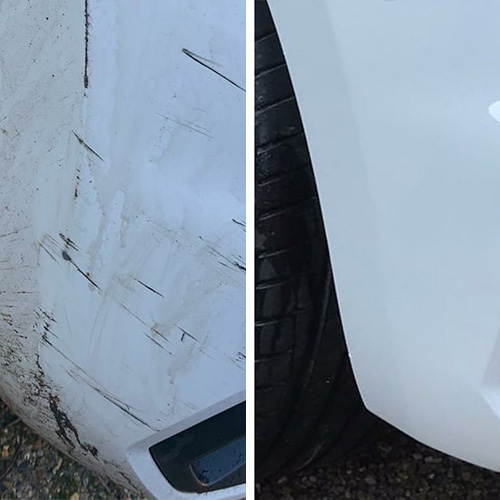 White car bumper scratch repair before and after showing damaged surface restored to smooth clean finish with professional refinishing
