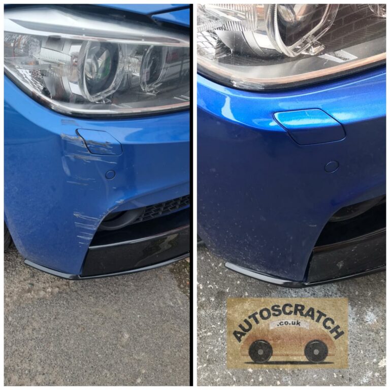 Professional front bumper scuff and paint repair near headlight area by Autoscratch.