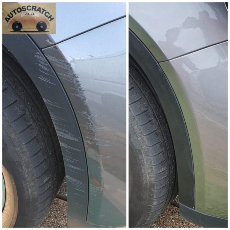 Before and after car wheel arch scuff repair and paint restoration by Autoscratch.
