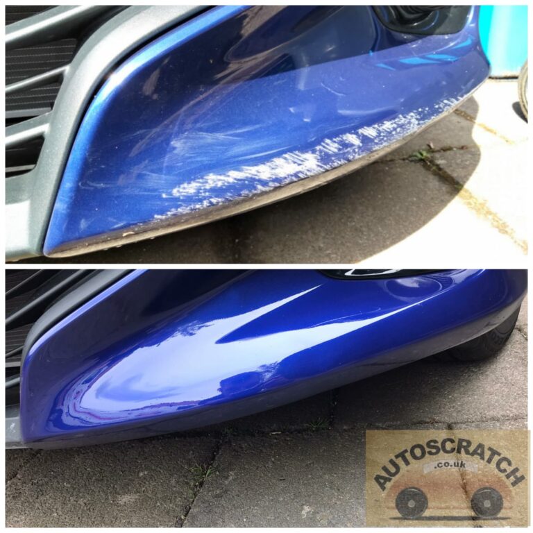 Blue car front bumper bottom scratch and scrape repair result.