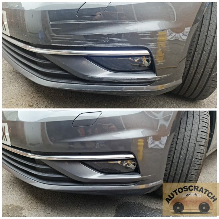 Grey car front bumper side scuff and scrape damage repair result.