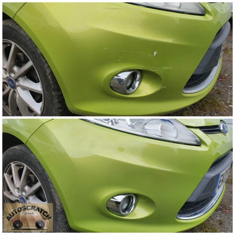 Professional car bumper scuff and paint repair before and after by Autoscratch.