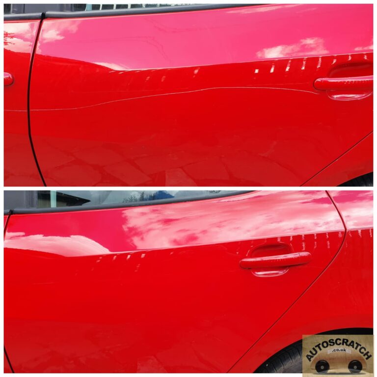Professional car door scratch and paint repair before and after by Autoscratch.