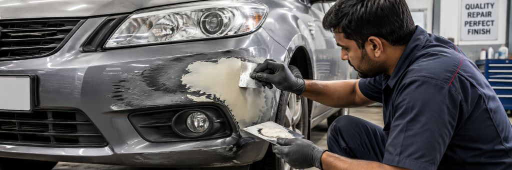 Professional technician performing mobile bumper repair on a silver car in a residential driveway.