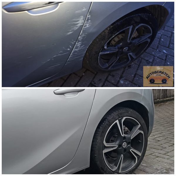 Before and after car scratch repair on silver vehicle door panel by Autoscratch UK